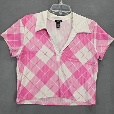 rue21 Pink White Argyle Crop Top Stretch Knit Shirt Short Sleeves Womens Size XL