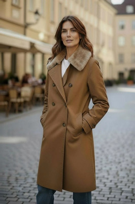 Massimo Dutti Brown Double-Breasted Trench Coat, Faux-Shearling Collar, 8 UK