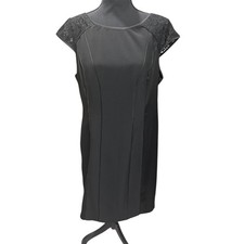 Adrianna Papell Black Lace Cap Sleeve Sheath Dress Women Size 16 Formal Cocktail