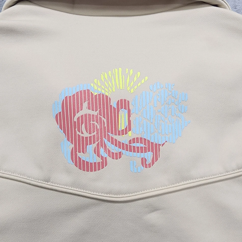 Chaqueta Athleta Mujer S Beige Azul Espalda Flor Gráfico Cremallera Completa Manga Corta Foto 3 de 4