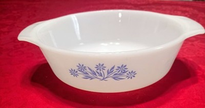 Vintage Anchor Hocking Fire-King Blue Floral Casserole Dish #436 Milk Glass USA