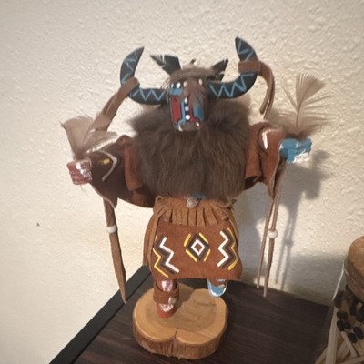 Native American Style Kachina Doll Figure w/ Horns, Fur, Bow & Arrow, Wood Base