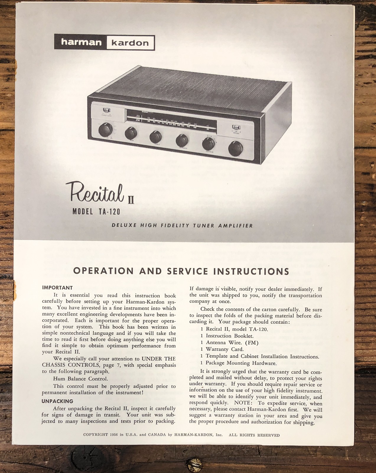 Harman Kardon TA-120 Recital II Amplifier Service Manual *Original*