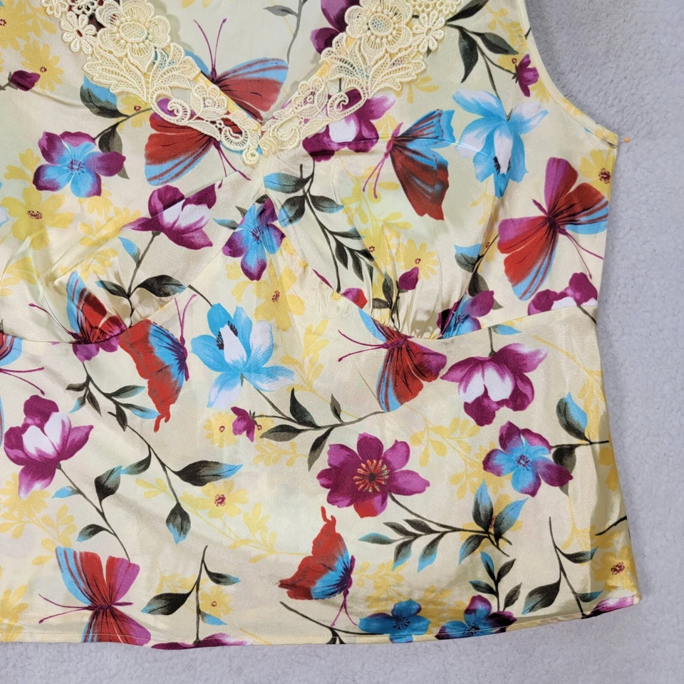 Blusa sin mangas excéntrica de encaje satinado floral amarilla Y2K para mujer talla grande 1X Foto 4 de 4