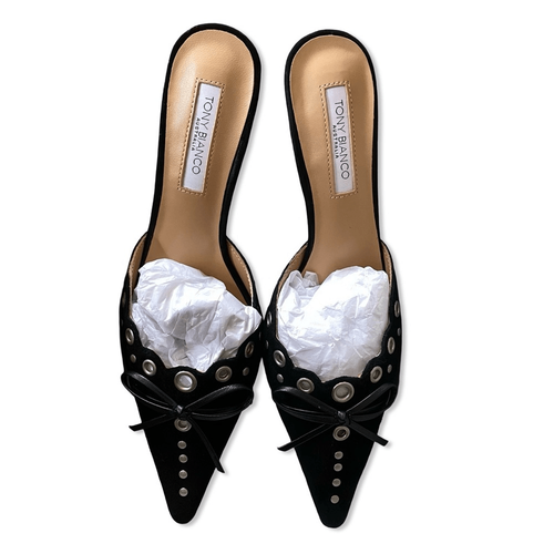 Tony Bianco Shae Mules Zapatos Negro Gamuza Ojal Tacones Altos Revolve Talla 7 - Imagen 7 de 11