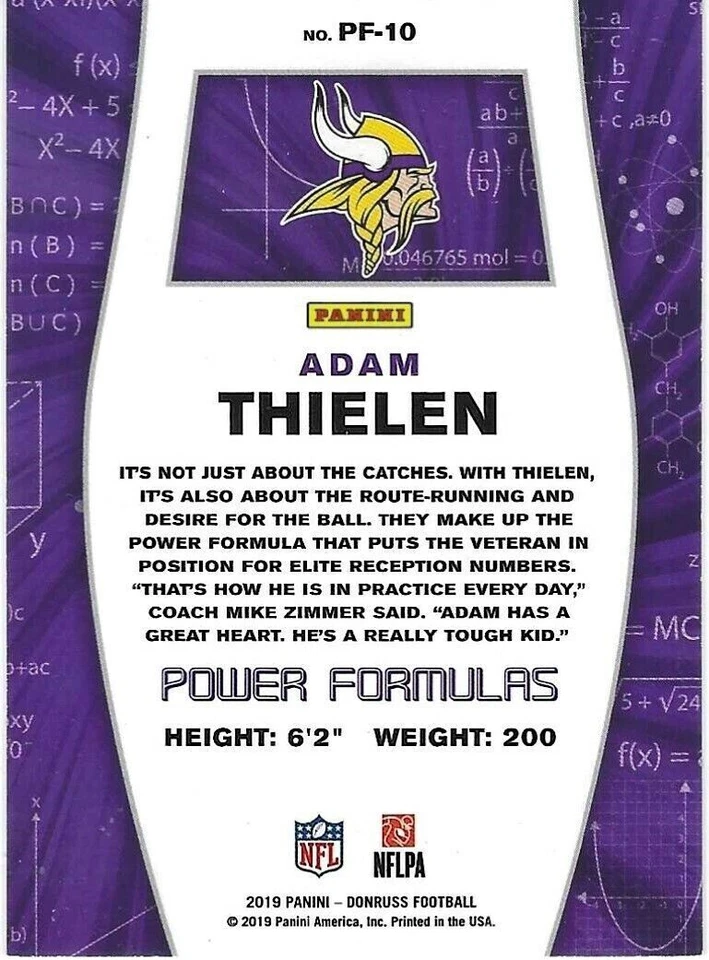 2019 Donruss Football - Power Formulas - #10 - ADAM THIELEN - Minnesota Vikings - Image 2 of 2