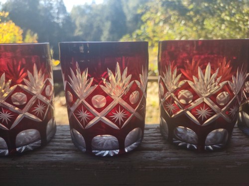 VTG SET 7 BOHEMIAN CZECH CUT TO CLEAR CRYSTAL TUMBLERS GLASSES RED 4" tall - Picture 4 of 24