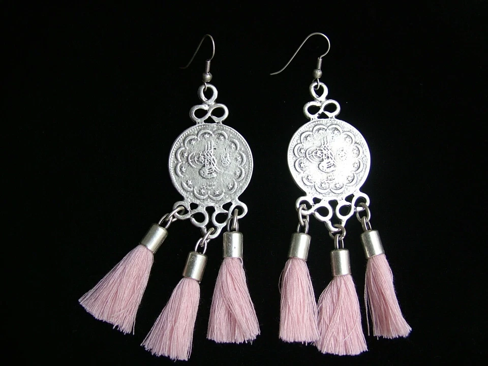 ORECCHINI PENDENTI ZAMAK ARGENTO TIBETANO NAPPINE ROSA BOHO VINTAGE DARK 1L - Immagine 2 di 3