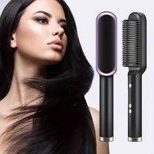 2-in-1 Electric Hair Straightener Brush Hot Comb Adjustment Heat Styling Curler 