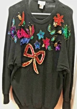 Vintage Here's a Hug cute Ugly Sweater,sequinned bowed flowers, Dolman Slvs.-S