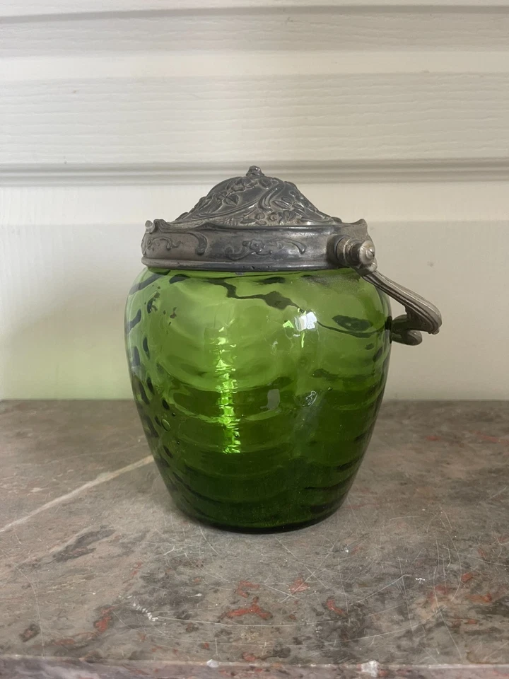 Ancien Seau Pot Biscuit Sucre Bonbonnière Second Empire Verre Vert Etain - Photo 2/4
