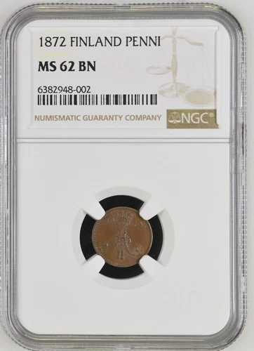 1872 Finland under Russia 1 Penni NGC MS 62 BN Alexander II
