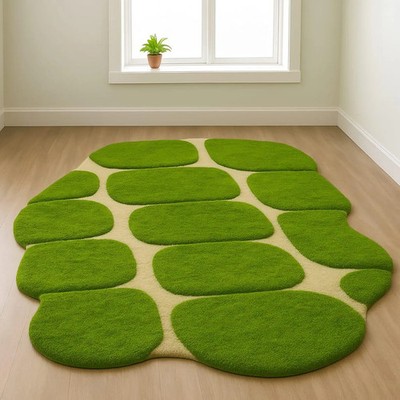 Cremefarbener & grüner getufteter Wollteppich: moderne, von der Natur inspiri...