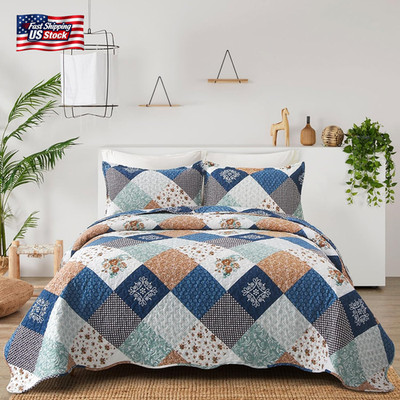 Dinjoy Reversible Patchwork Quilt Bedding Set King Size Blue Green Grey Plaid Fl