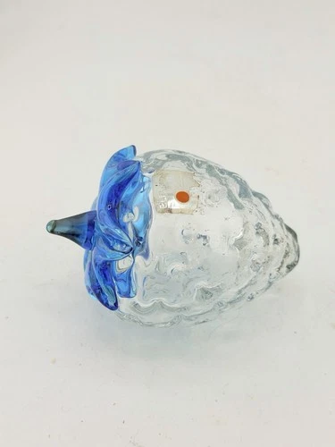 Vintage Blenko Art Glass Strawberry Paperweight Cobalt Leaves Label Flaw