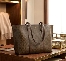 NEW Tory Burch Perry Coated Canvas French Press Brown Large Tote Bag