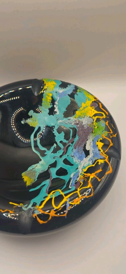 Large Black Glass Ashtray Wth Multi Coloured Splash Decoration.  Contemporary. - Image 3 of 4