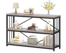 47" Gray 3 Tier Low Bookcase,Industrial Modern Short Horizontal Etagere Books...