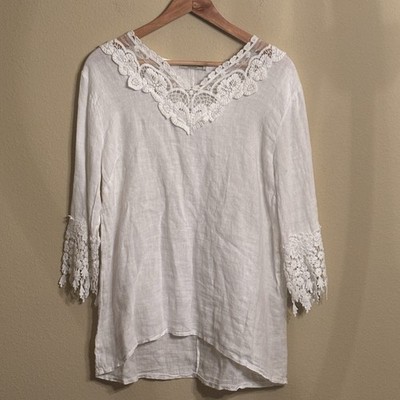 VANESSA ALEXANDRA Top Women Sz L White Italy Linen Boho V-Neck Botanical Crochet
