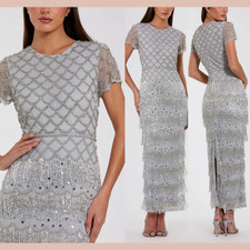 NEW Mac Duggal [ 14 ] 94077 Fringe Embellished Mesh Ankle Dress Gown J2409