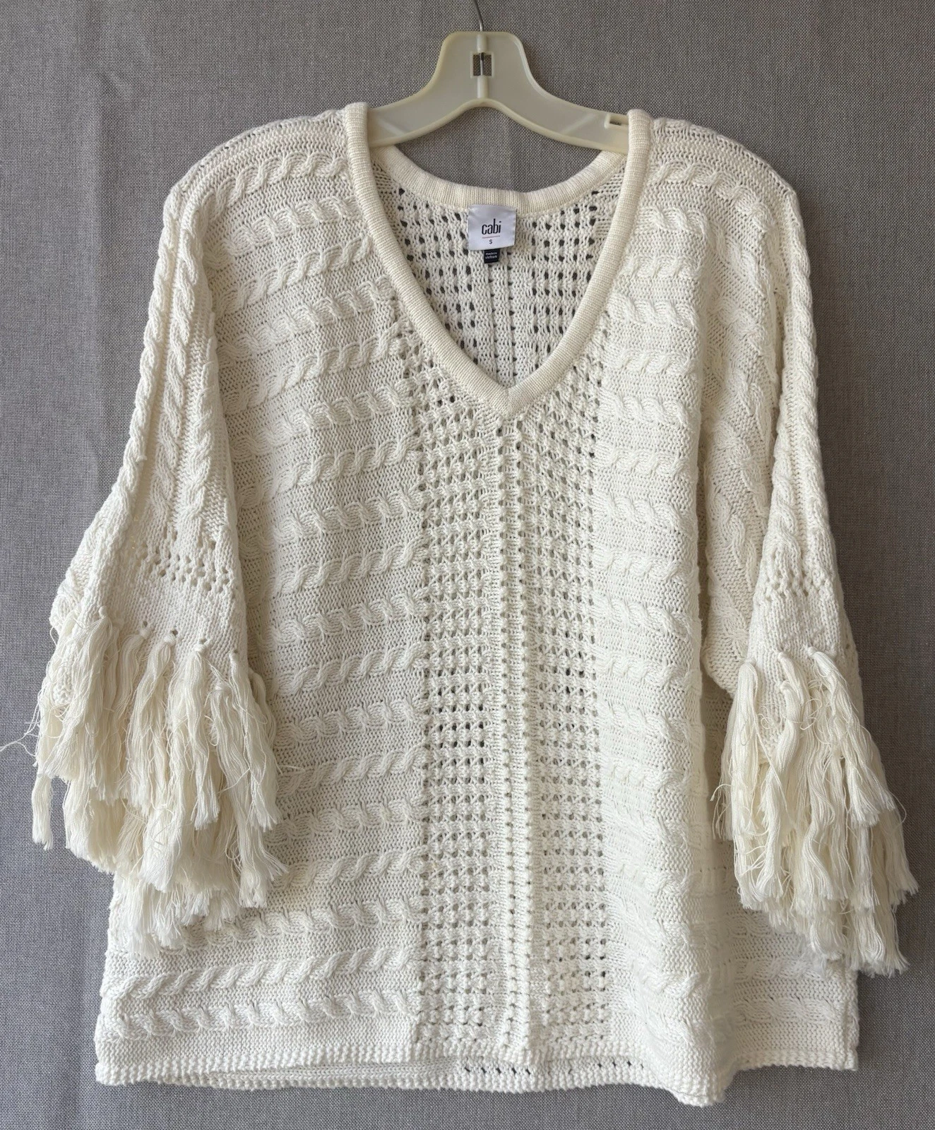 Cabi Cream Cable Knit Sweater Poncho Fringe Sleeves V Neck Medium Boho S