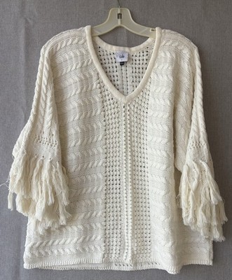 Cabi Cream Cable Knit Sweater Poncho Fringe Sleeves V Neck Medium Boho S