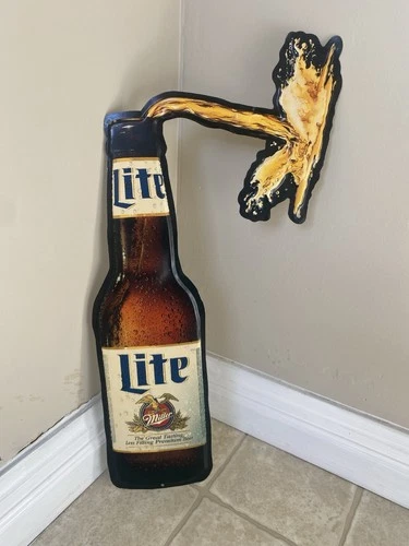 Vintage RARE Miller Lite Pouring Beer Bottle Metal Tin Hanging Sign Man Cave