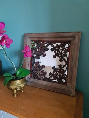 Retro Mirror Distressed Brown Wooden Plastic Netted Vintage Looking Eall Art