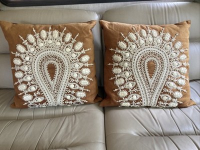 Pair ANKASA Embroidered Throw Pillow Toffee/ Rust on Cotton/ Linen Bead Accents