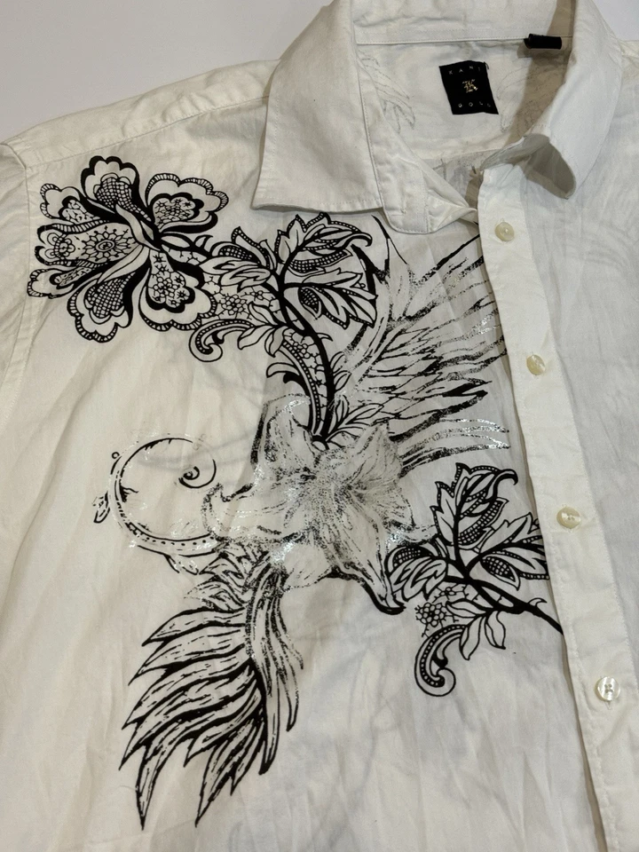 VTG Karl Kani Gold Shirt Men's Size 4XL White Logo Graphic Print Y2K Button Up - Image 2 of 4