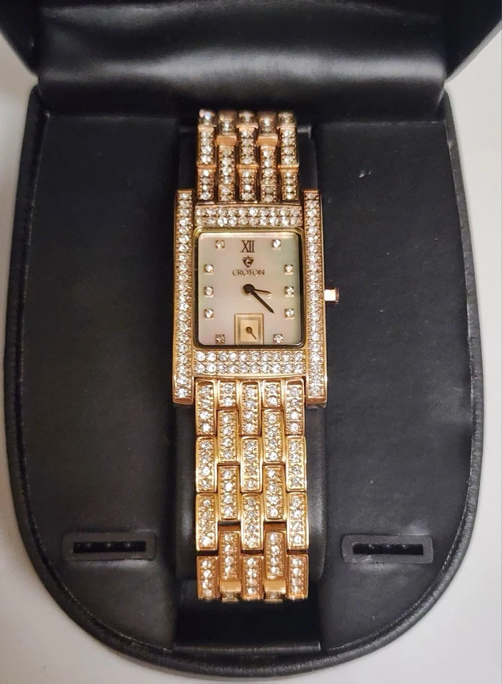 Juego de relojes de cuarzo Croton para dama pulsera de cristal dorado y plateado en caja elegante par Foto 3 de 4