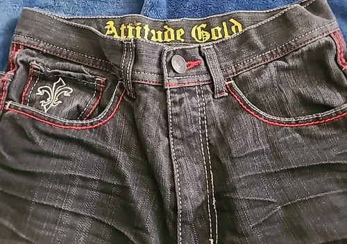 Attitude Gold Boys Black Denim Jeans With Embroidery, Size 12 - Picture 10 of 12