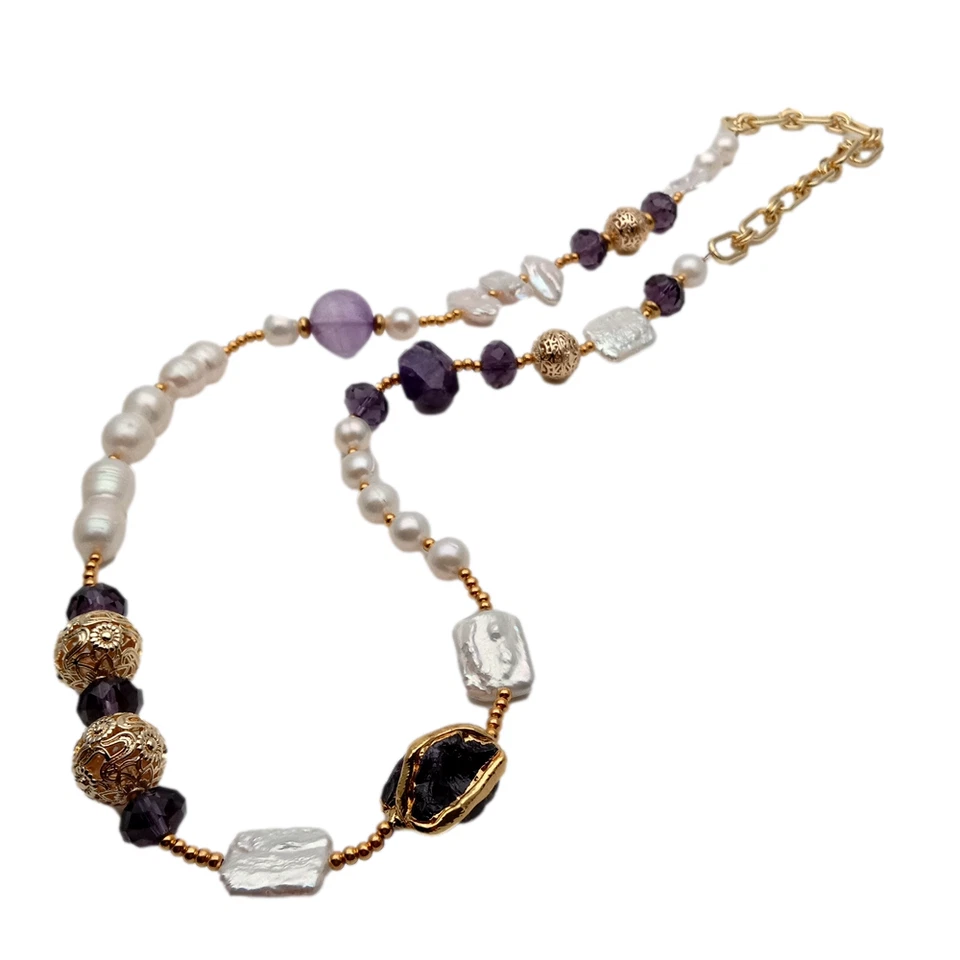 Collar Largo 29" Perla Blanca Cultivada Agua Dulce Cristal Amatista Foto 4 de 4