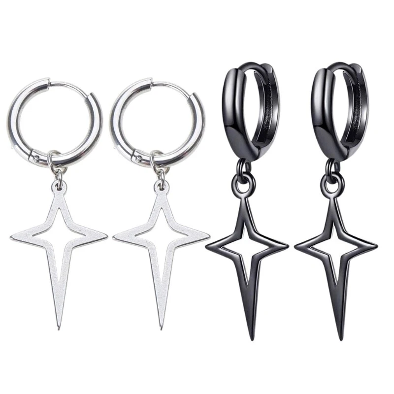Gothic Punk Style Metal Drop Earrings Black Silver Color Star Pendientes