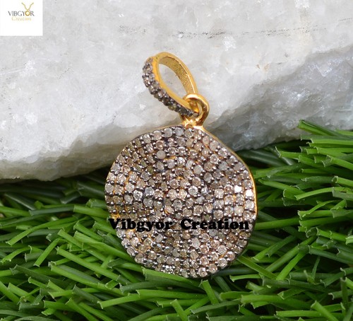 Pave Diamond Charm 925 Sterling Silver Disc Pendant Gold Plated Unisex Jewelry - Picture 3 of 4