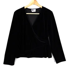 Vtg I.N. Studio San Francisco Top Blouse Sz PXL Black Velour Faux Wrap Stretch
