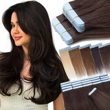 CLEARANCE 100% Real Remy Human Tape In Hair Extensions Skin Weft Black Brunette