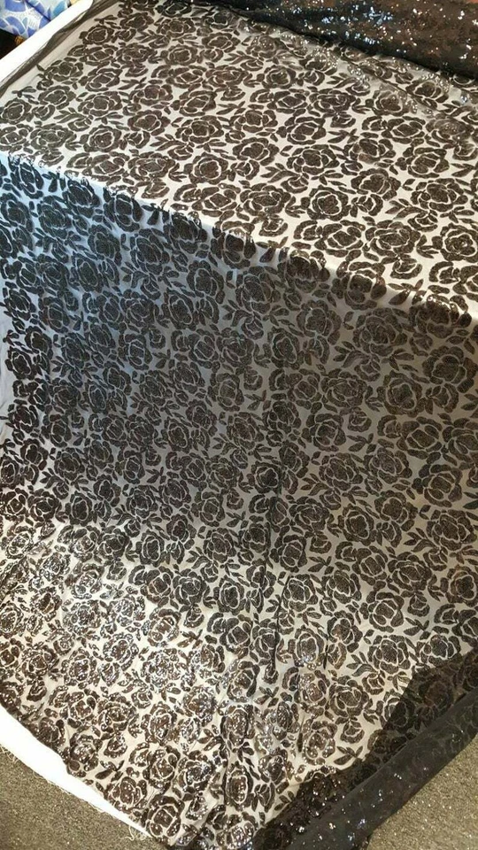 Black sequin lace fabric 1 way stretch mesh Roses sequin fabric sold by the yard - Image 3 of 4