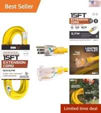 Heavy-Duty Outdoor Extension Cord - 15ft - 12/3 SJTW - 3 Prong Grounded Plug