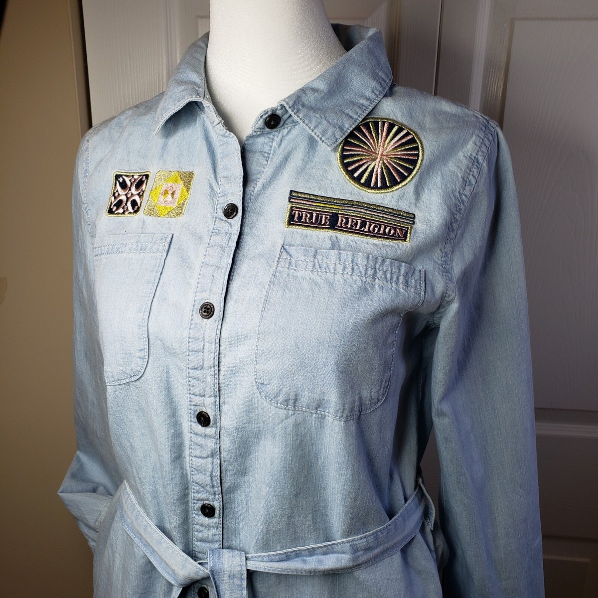 True Religion Dress Light Denim Embroidered, Belted Dress Youth/junior Size L