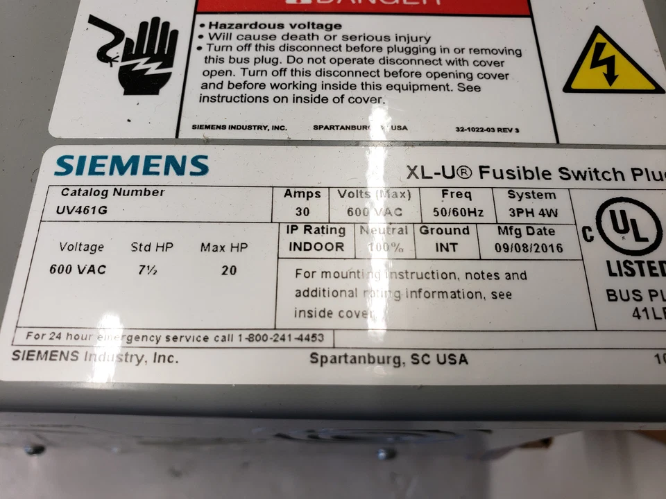 NUEVO Siemens UV461G I-T-E XL-U Sistema Busway Enchufe 4P/30A/600V. NUEVO EN CAJA Foto 3 de 4