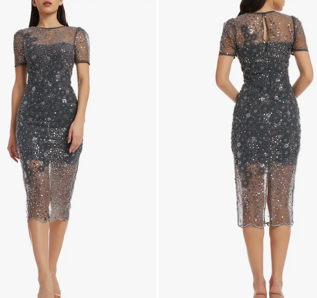 Dress the Population Lia 3D Beaded Midi Dress Sz S $498 steel *1568
