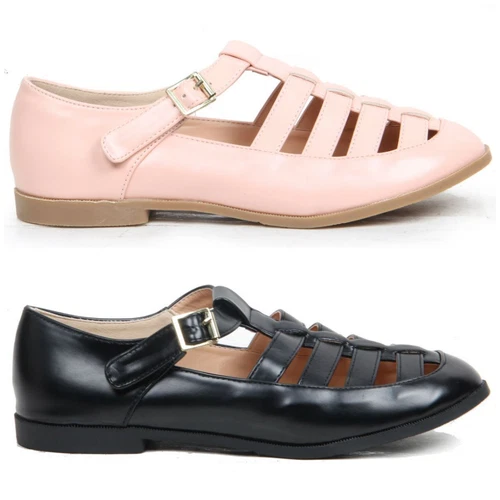 Womens Ladies Cut Out Style Flat Shoes, Buckle Up Low Heel Mary Jane Summer Wear