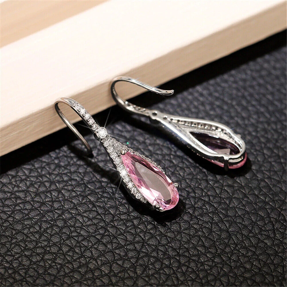 4Ct Pear Cut Lab-created Pink Sapphire Drop Dangle Earrings 14K White Gold over - Image 4 of 4
