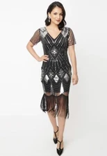 Unique Vintage NWT 1920s Black Sequin Flutter Sleeve Flapper Dress - Size Medium