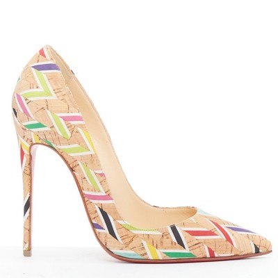 CHRISTIAN LOUBOUTIN So Kate Cork Chevron beige colourful calfskin pumps EU36.5