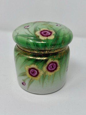 Antique Art Nouveau Hand Painted Bone China Vanity Box Green With Gold