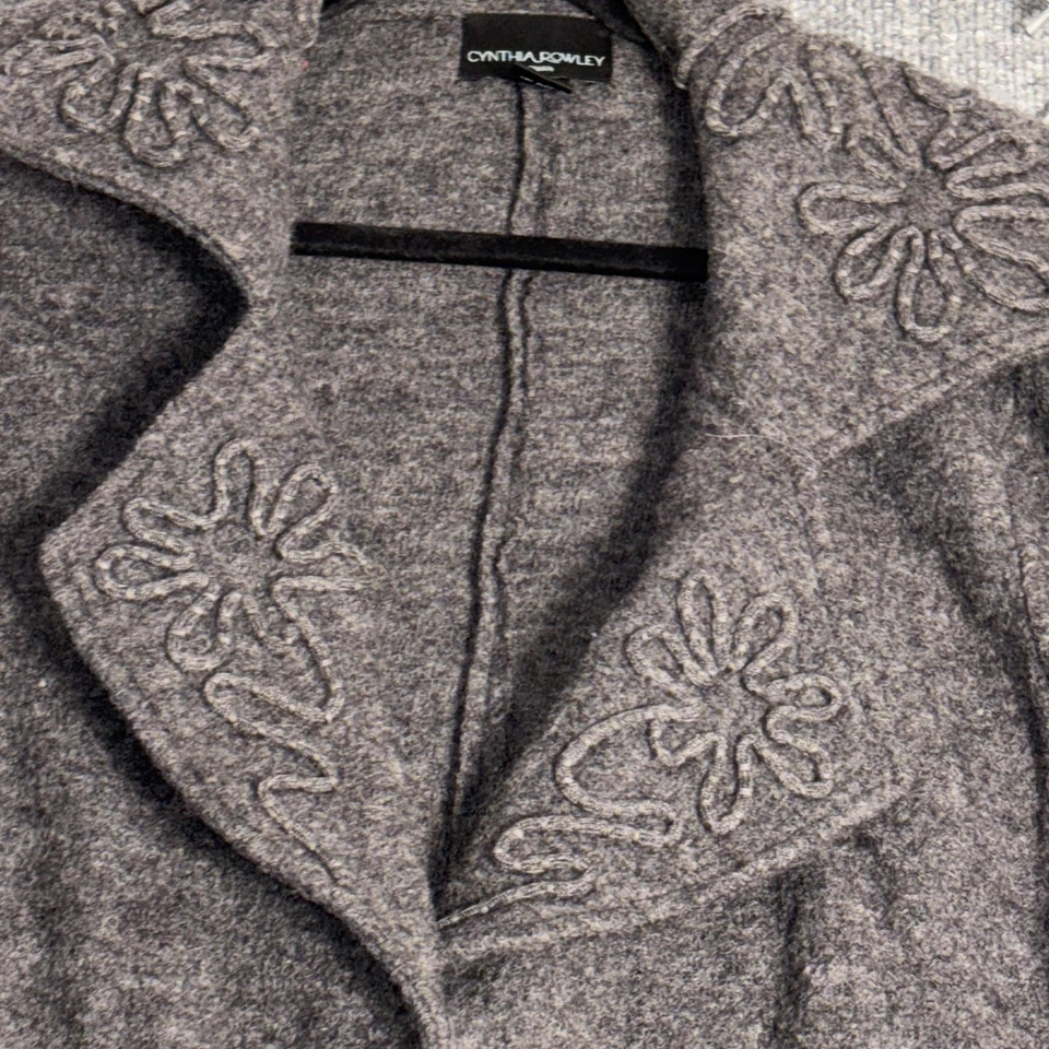 Abrigo Cynthia Rowley Mujer 2X Gris 100% Lana Bordado Cuello Floral Botones Foto 2 de 4
