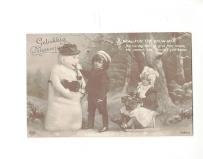Postcard Fantasy Snowman Violin Girl on Vintage sledge RPPC   TB 2674