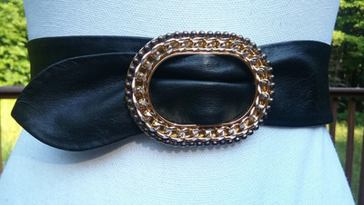 Vtg 80s Black Leather Rayman Ridless Gold Silver Link Beaded Buckle Cinch Belt